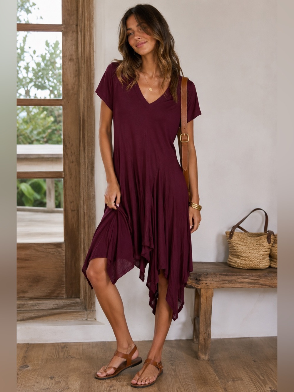 Free people Women’s V-Neck Handkerchief Hem Dress in Burgundy